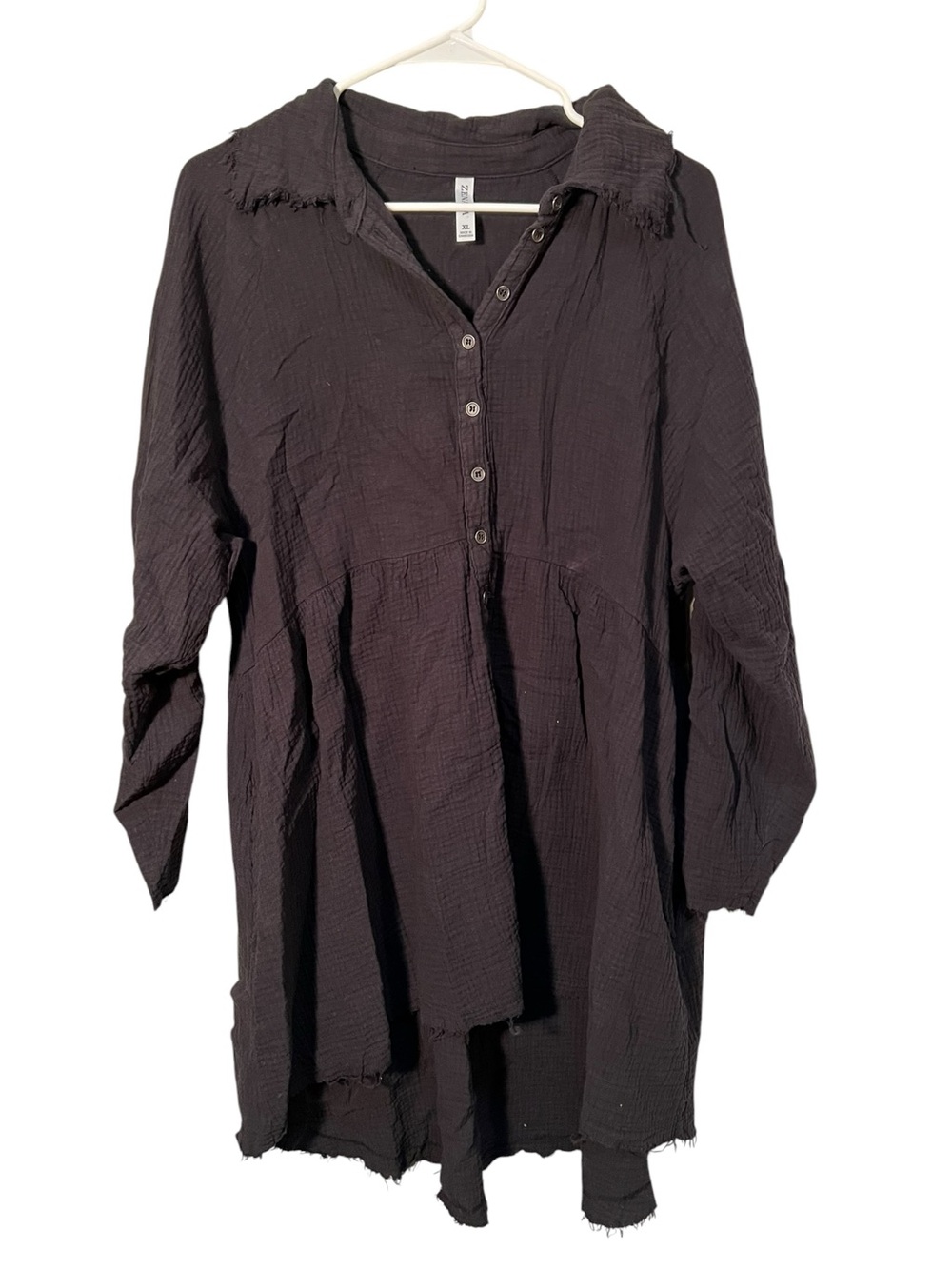 Zenana Women’s Size XL Gauzy Shirt Dress Black High Low Hem Pockets Long Sleeve